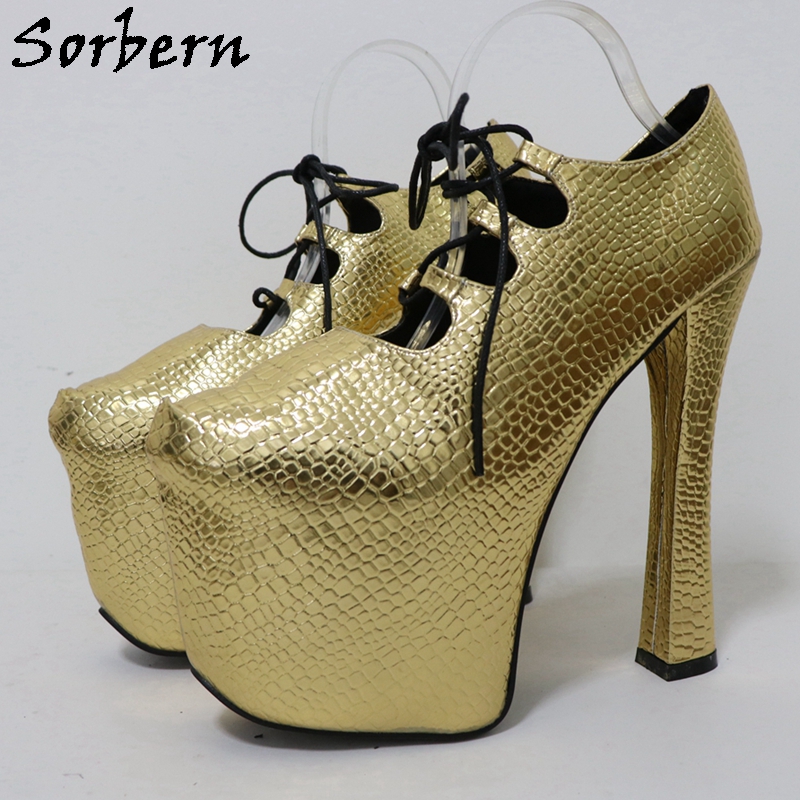 Pump Heel Block - Sorbern/Золотые туфли-лодочки из крокодиловой кожи 20