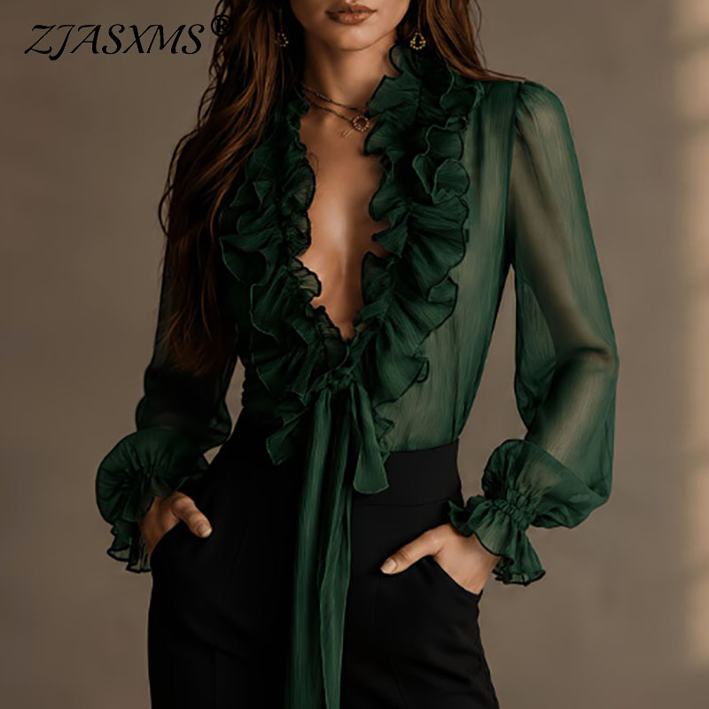 Women'S Formal Wear Blouse - Элегантная женская однотонная полупрозрачная блузка с