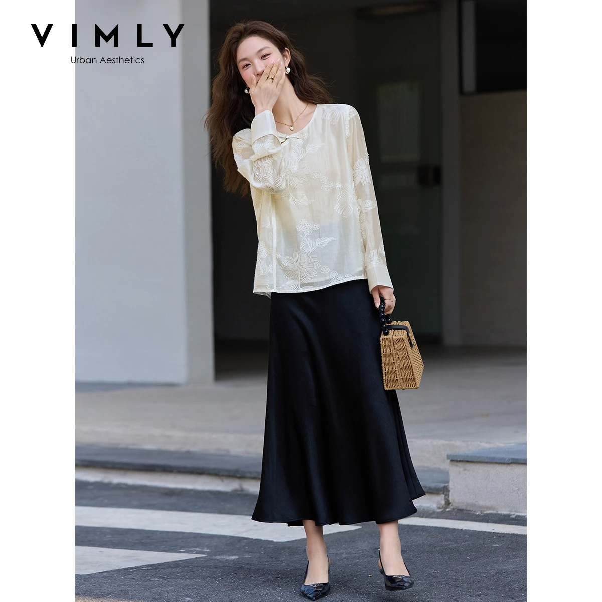 Women'S Formal Wear Blouse - VIMLY Абрикосовая новая китайская вышитая шифоновая