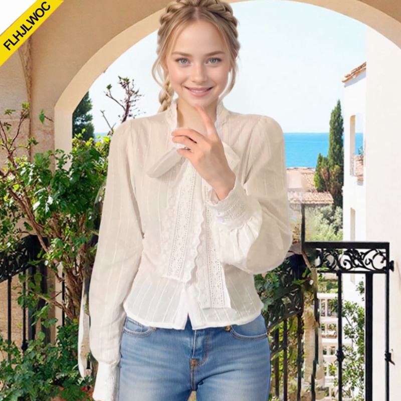 Women Formal Wear White Shirt - Винтажные топы с кружевным галстуком-бабочкой в