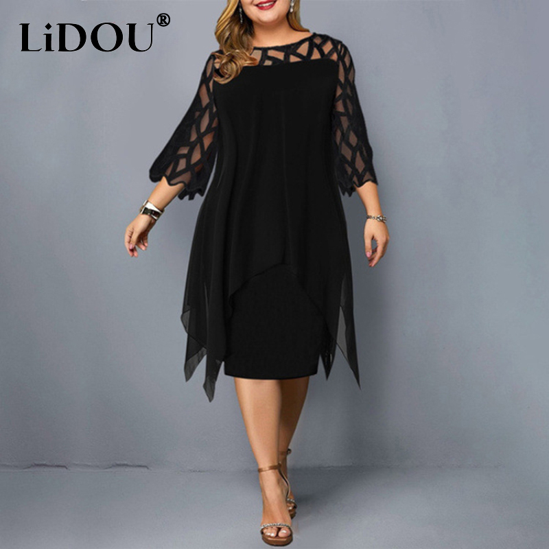 Women Formal Office Wear Tops - Новое элегантное кружевное сетчатое платье больших