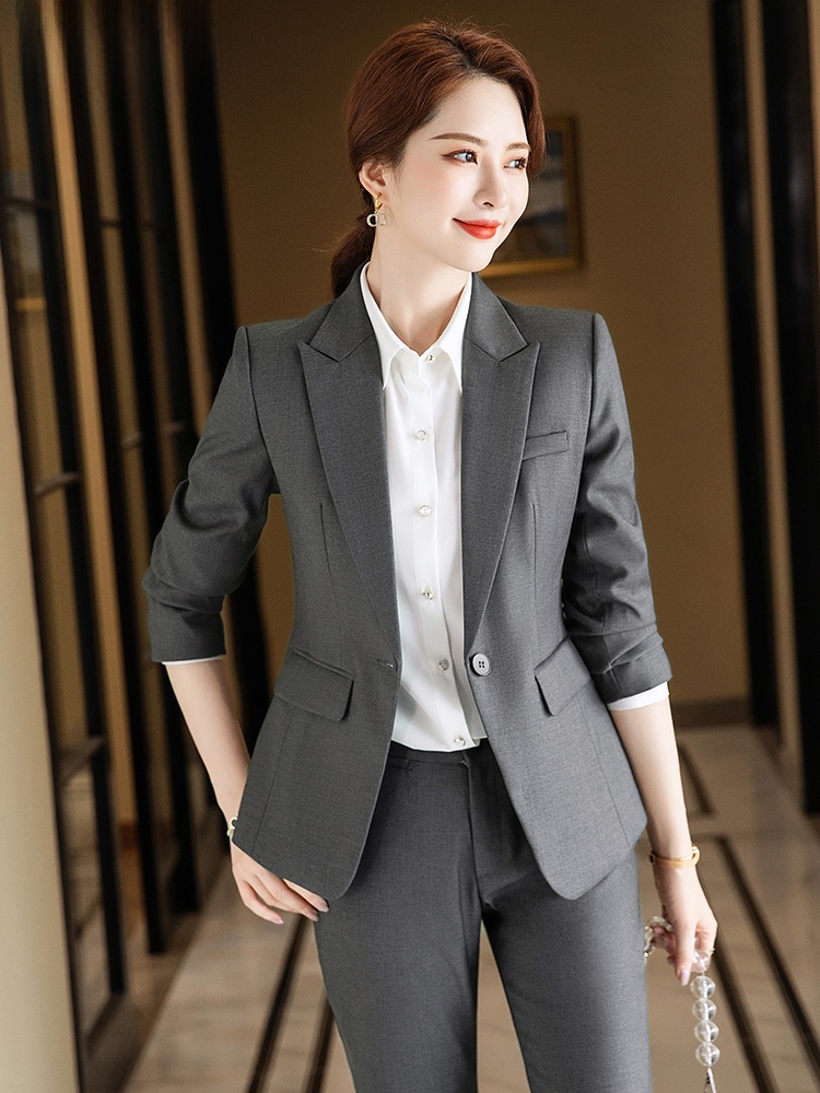 High End Women'S Formal Wear - Серый костюм-двойка для женщин: весенне-осенний, высококачественный,